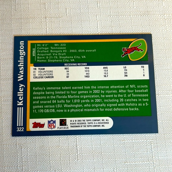 Topps Rookie Card NFL Kelley Washington Cincinnati Bengals - Picture 7 of 11